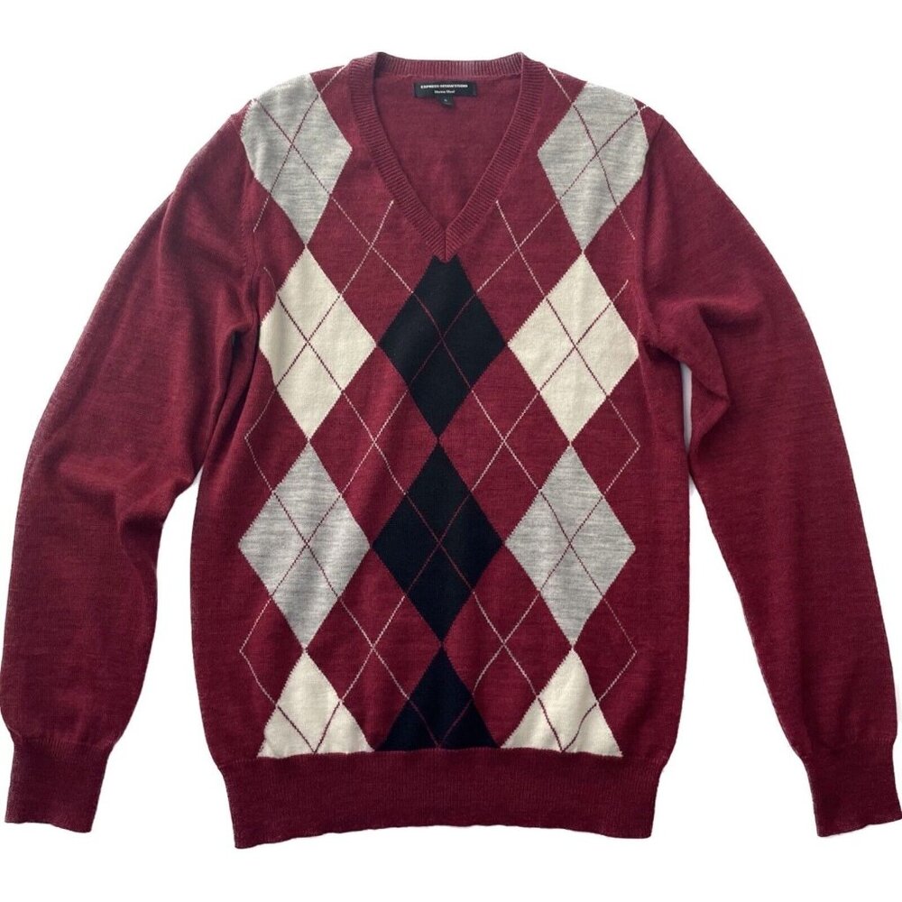 Express Design Studio Merino Wool Sweater Pullover Men’s Size S Red V-neck